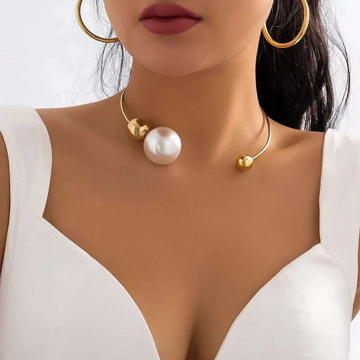 Gold Pearl Torc Necklace