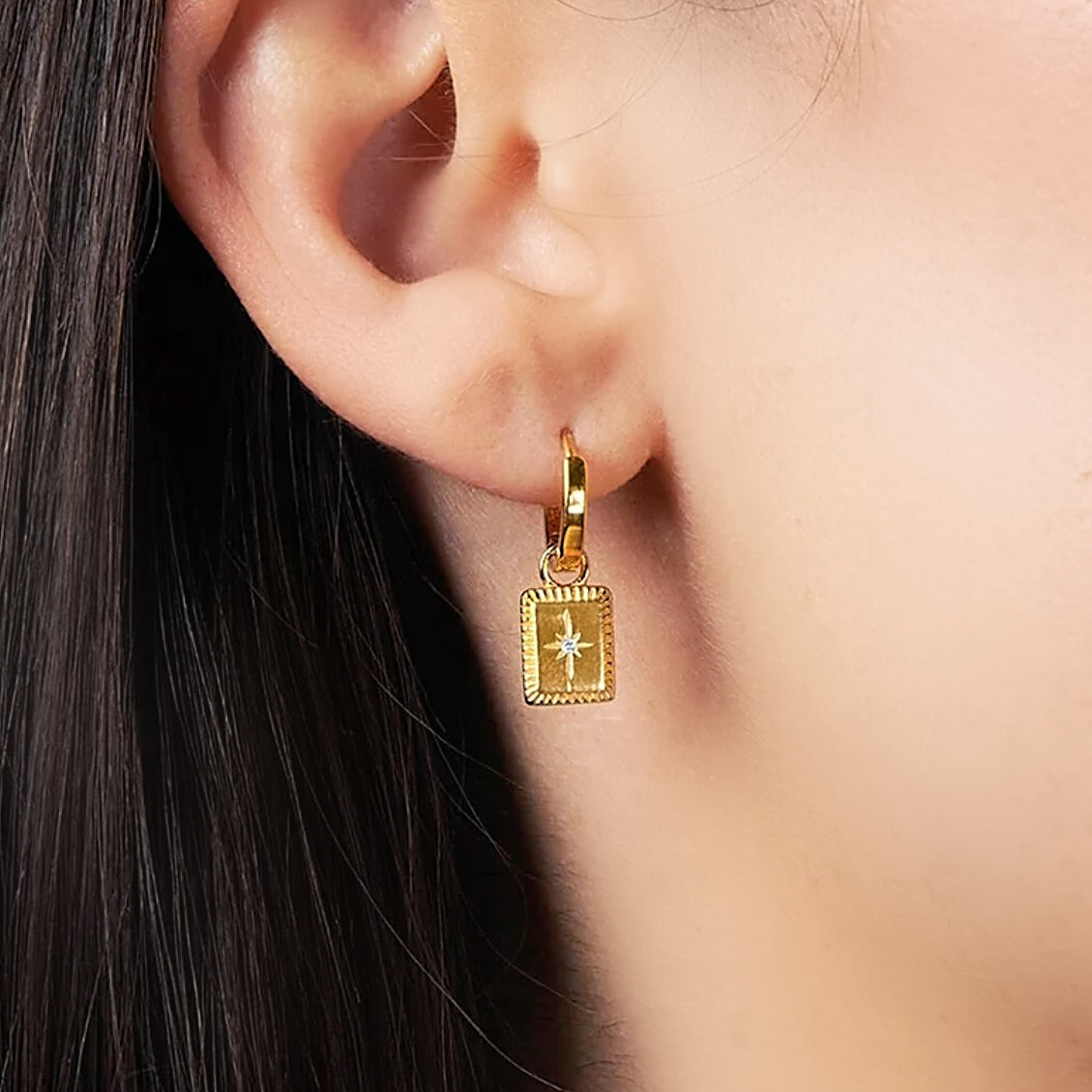 Gold rectangle huggie earrings