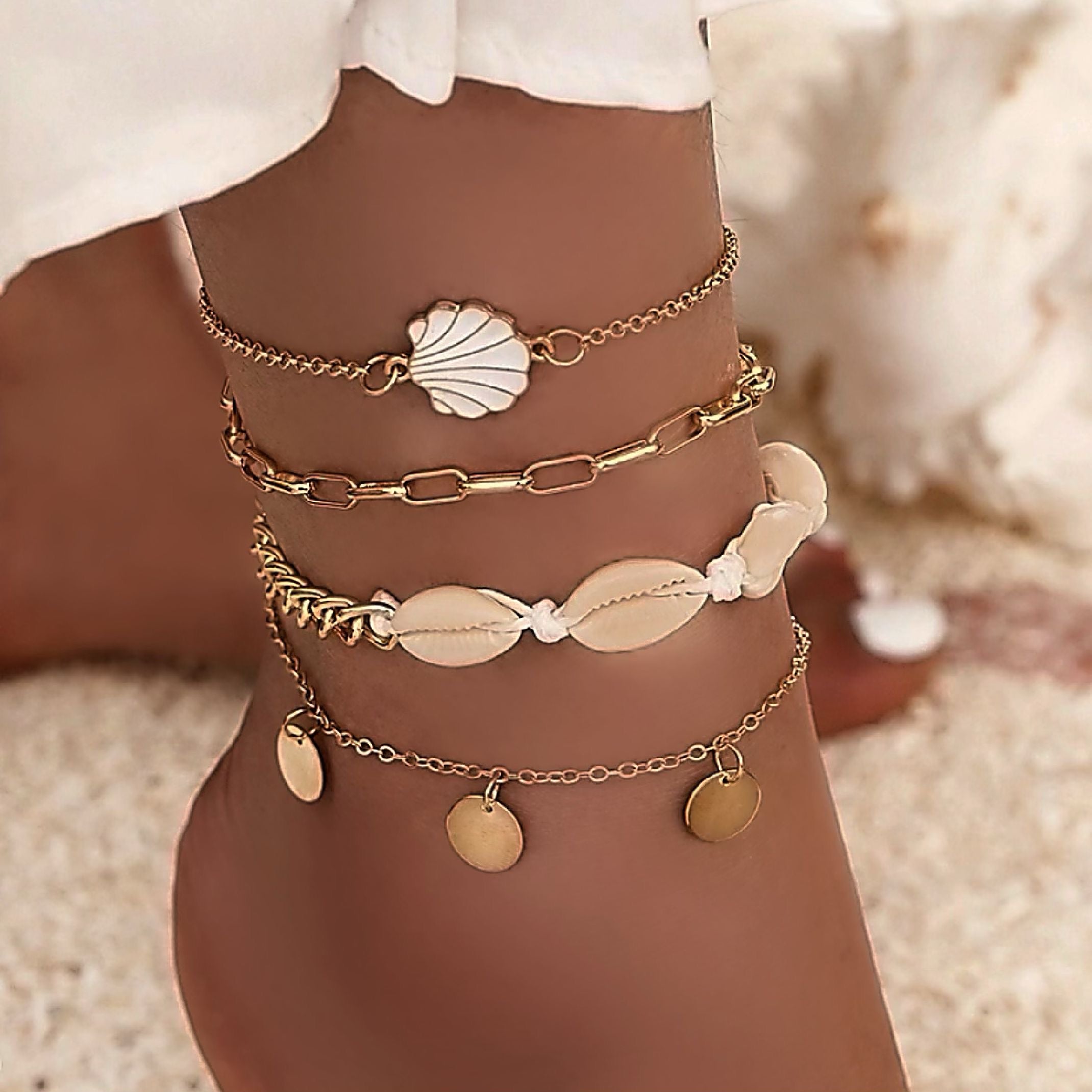 Gold shell anklet set