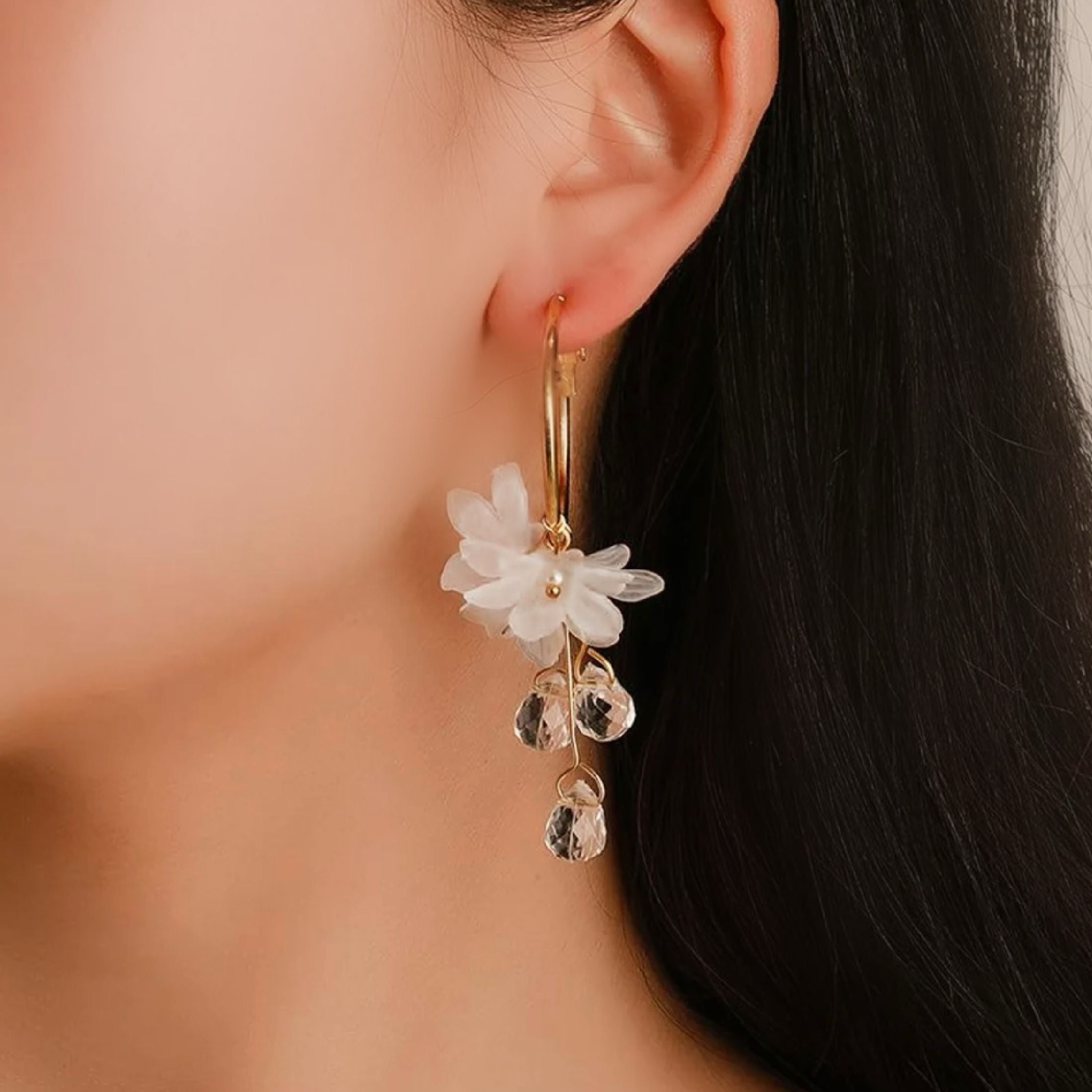 White flower hoop earrings
