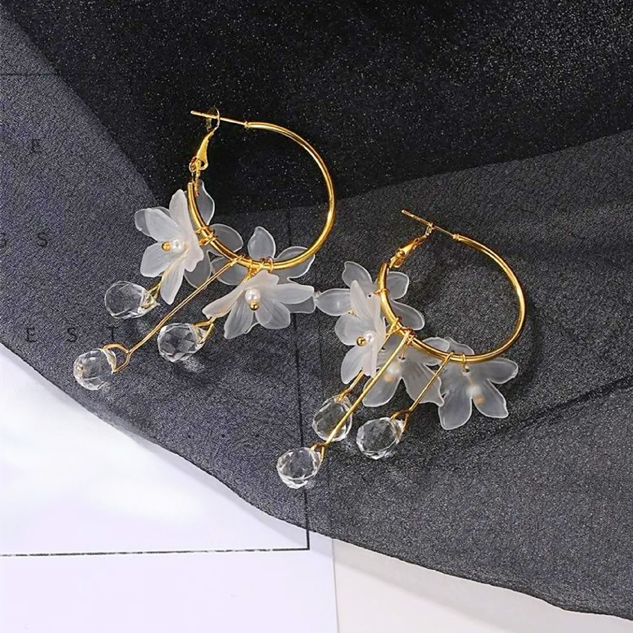 White flower hoop earrings 
