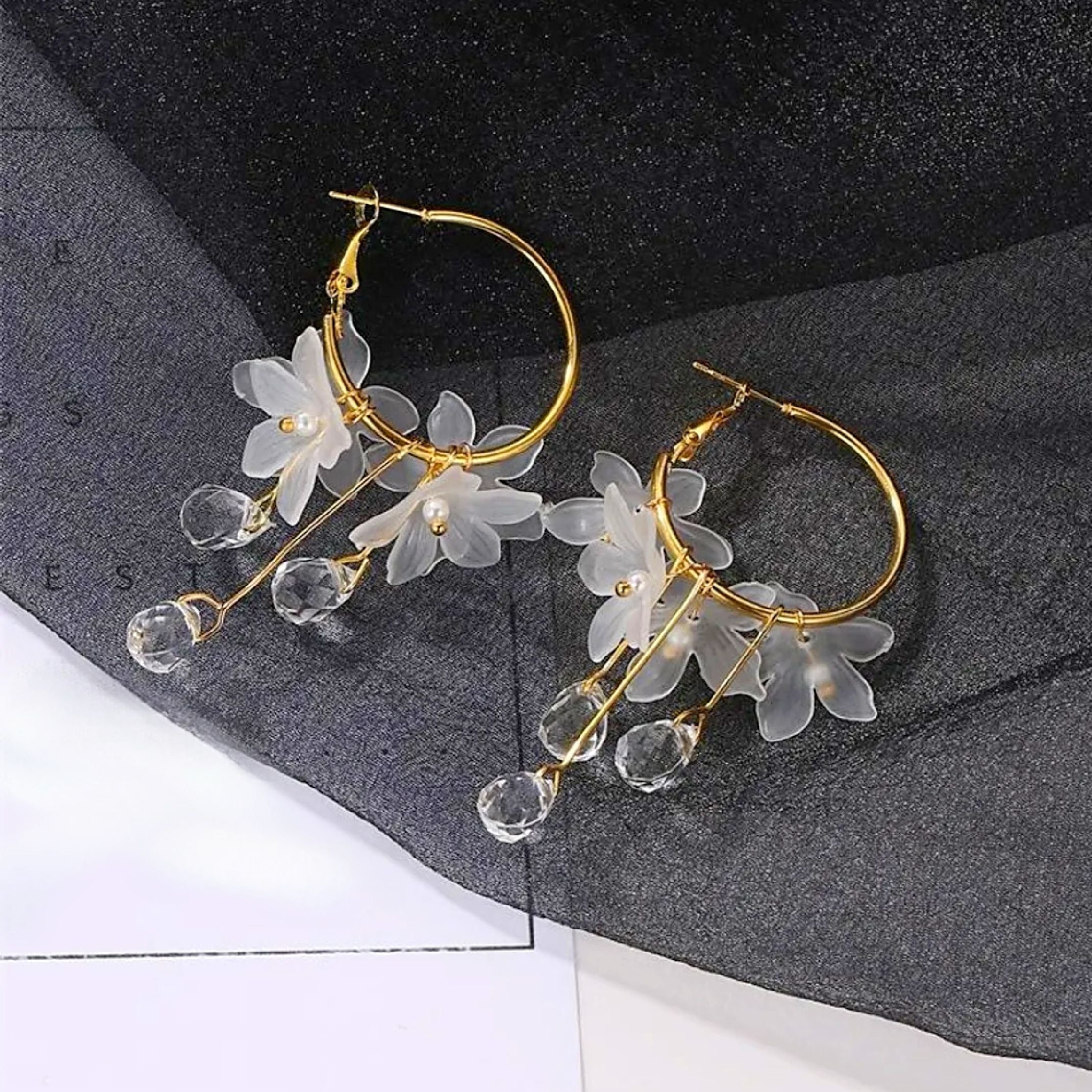 White flower hoop earrings