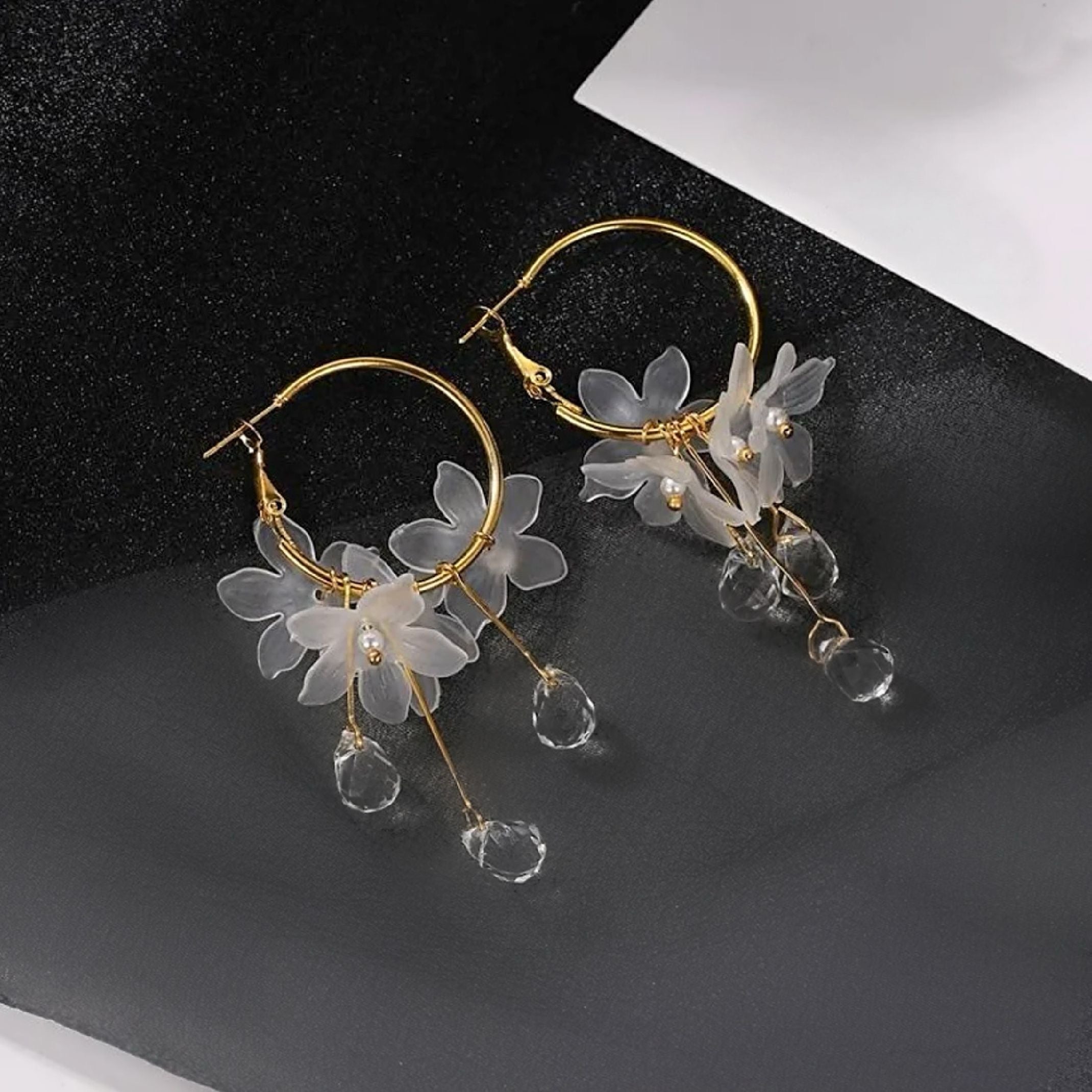 White flower hoop earrings