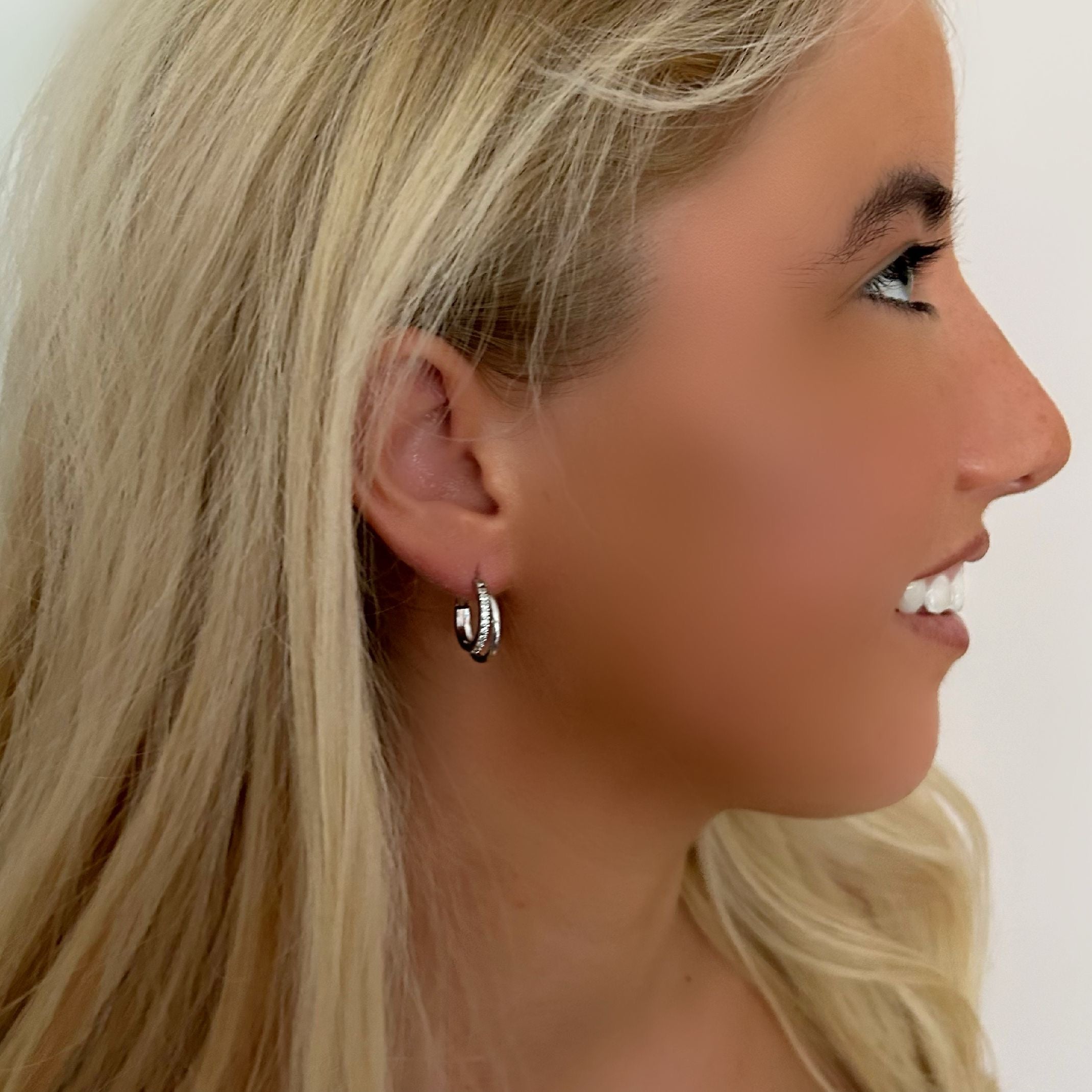 Silver diamond double hoop earrings 
