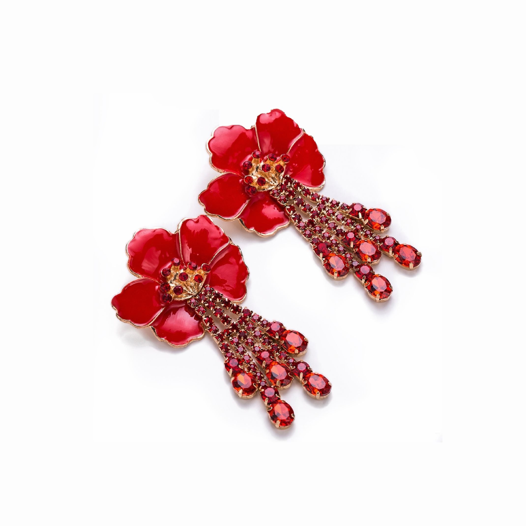 Red diamanté flower earrings