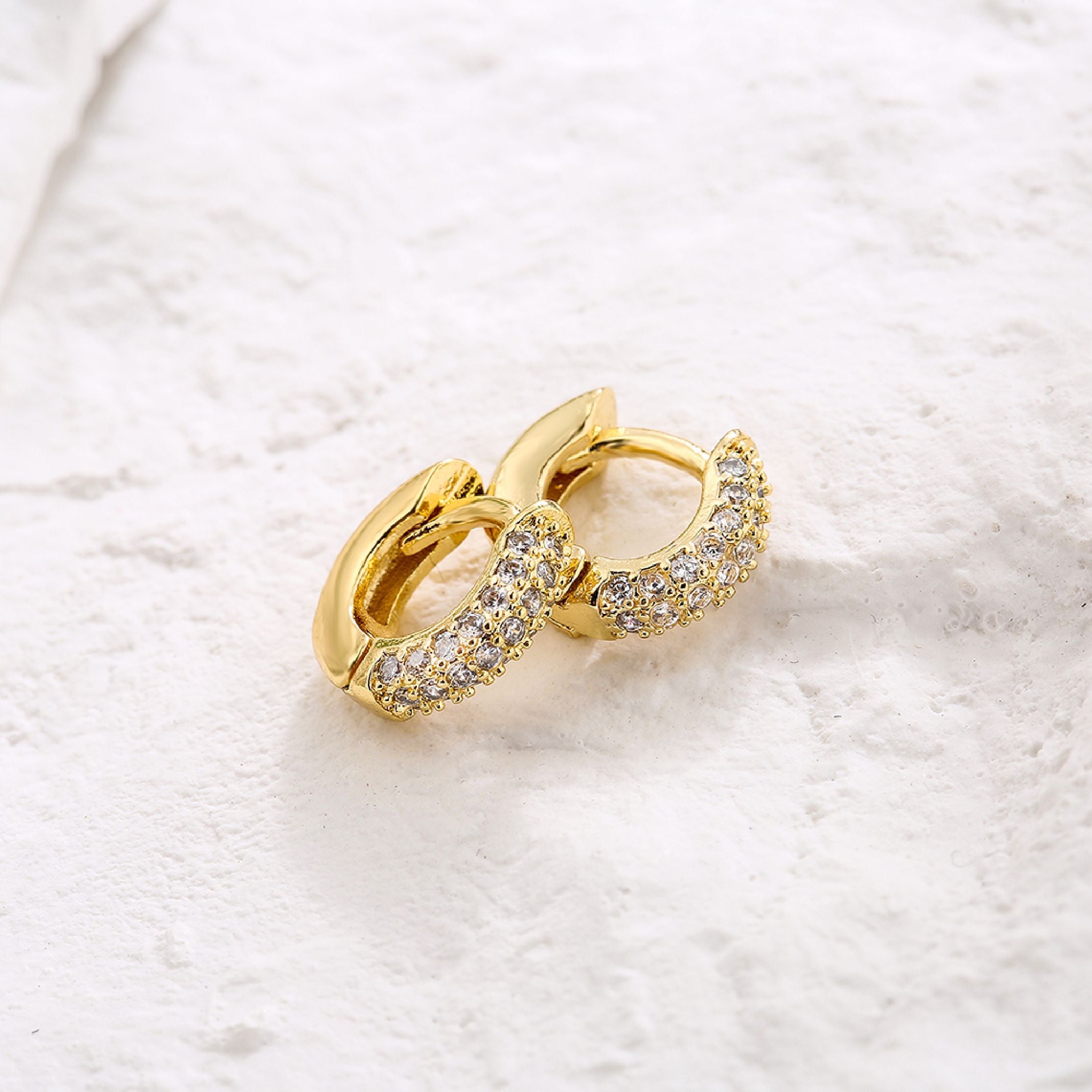18K Gold Crystal Huggie Earrings