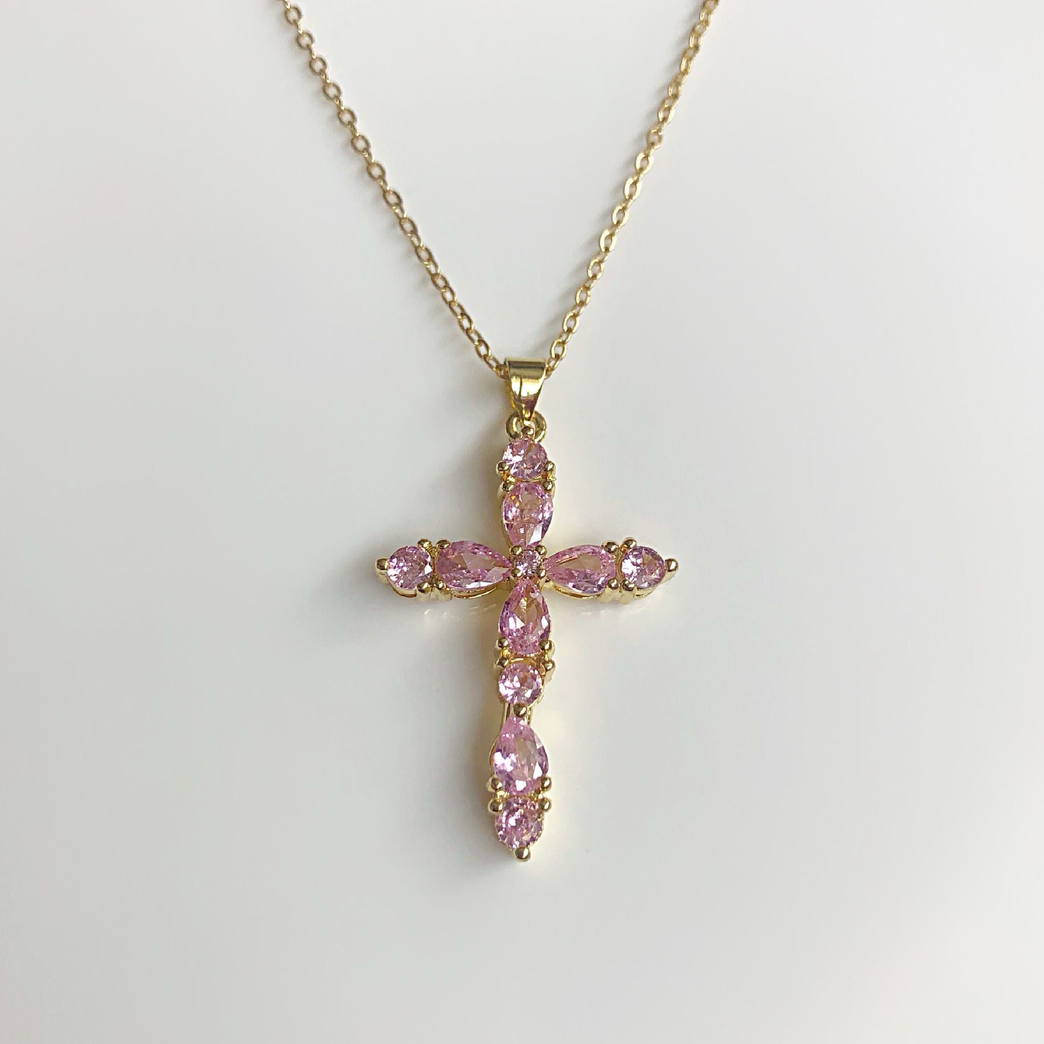 18K Gold Pink Cross Necklace 