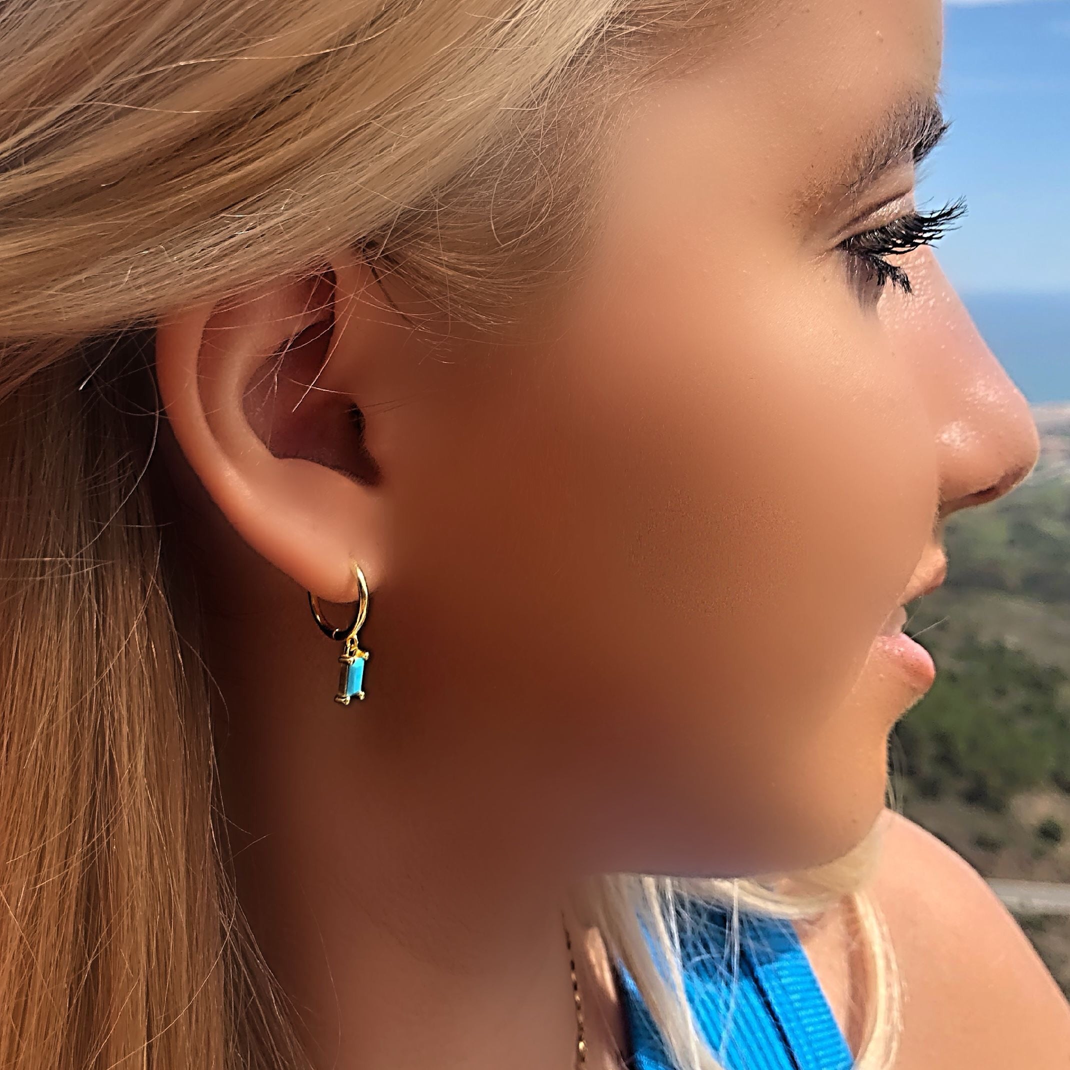 Blue gem huggie earrings