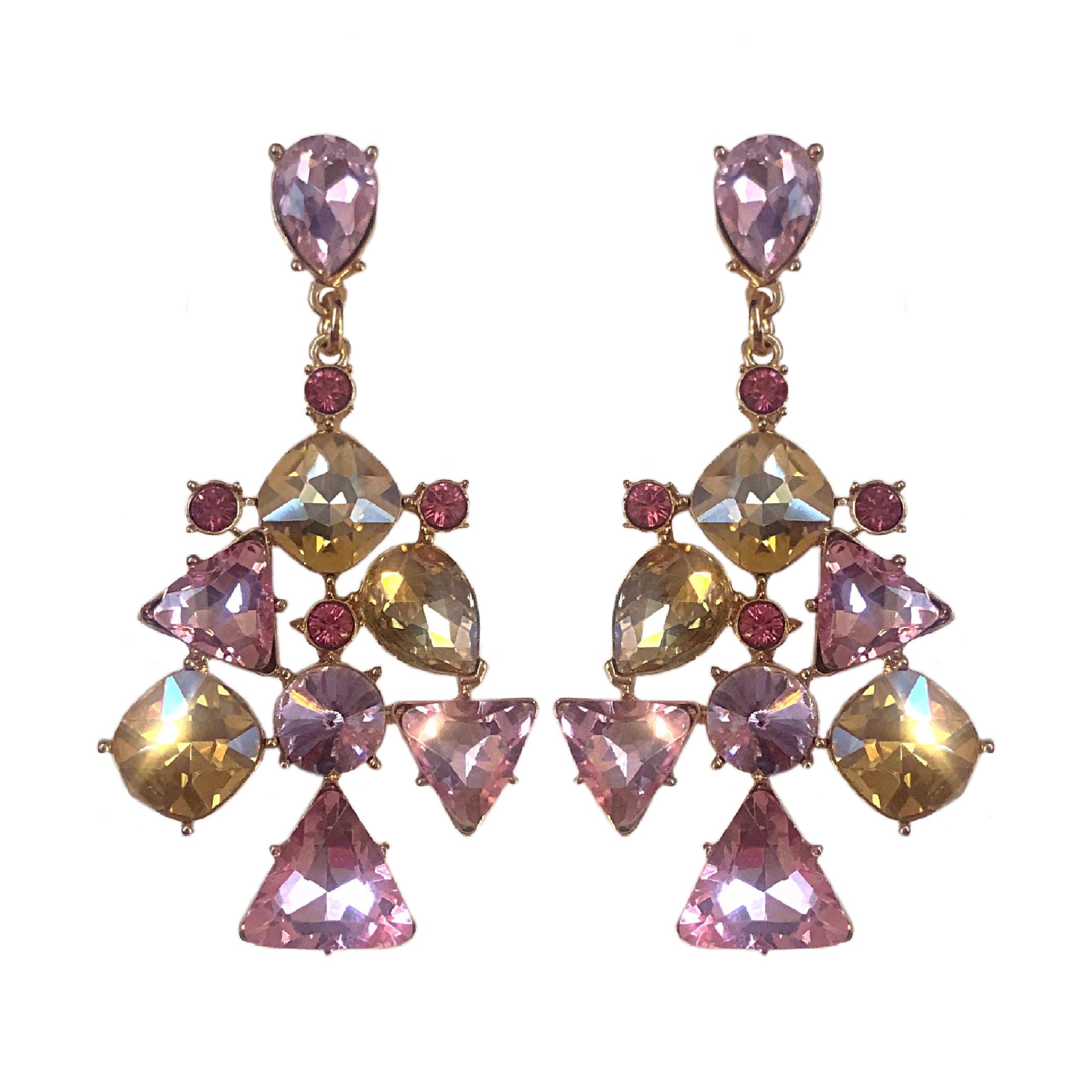 Pink and yellow jewel dangle earrings 