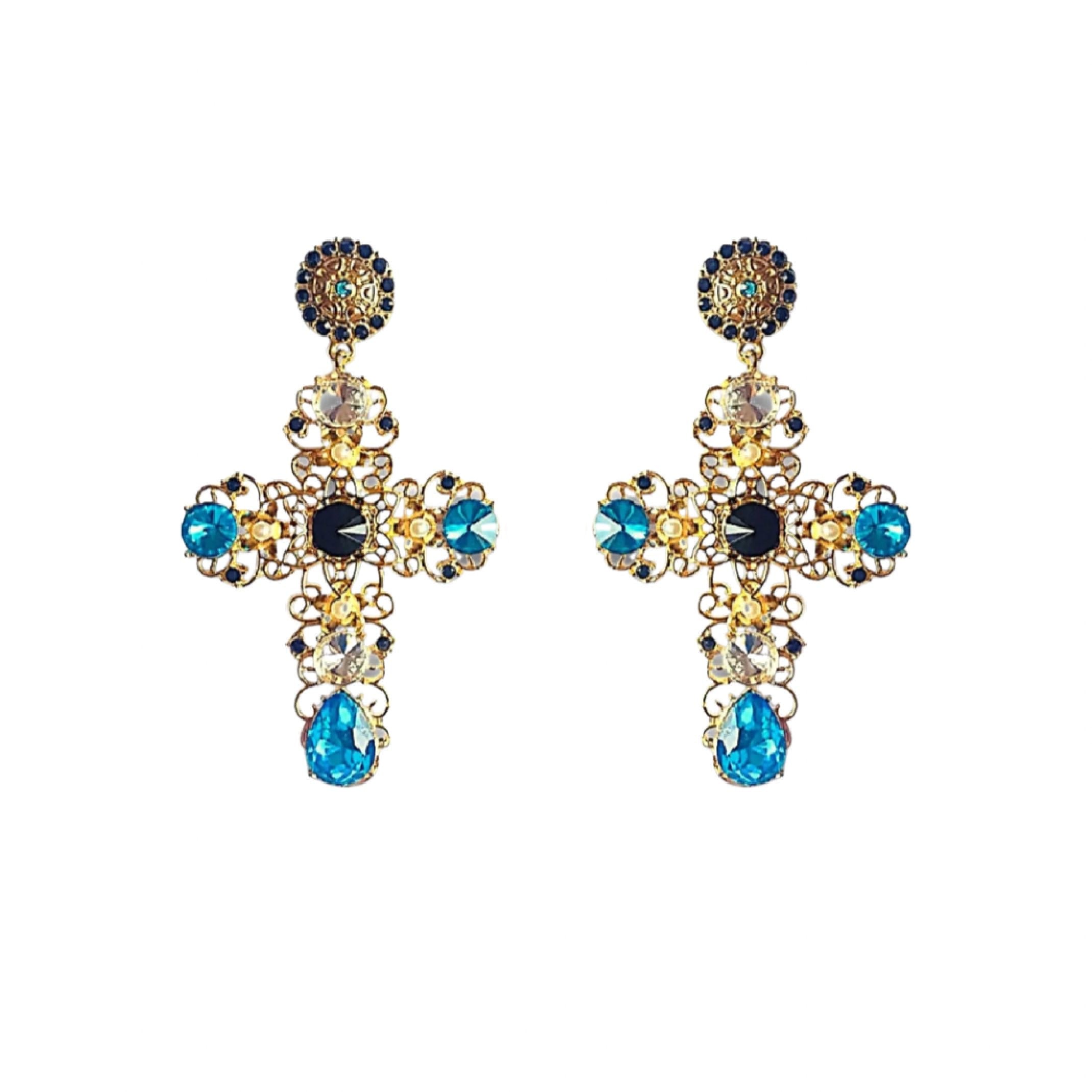 Cross earrings with blue jewels 