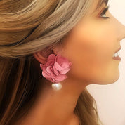 Pink flower pearl drop earrings