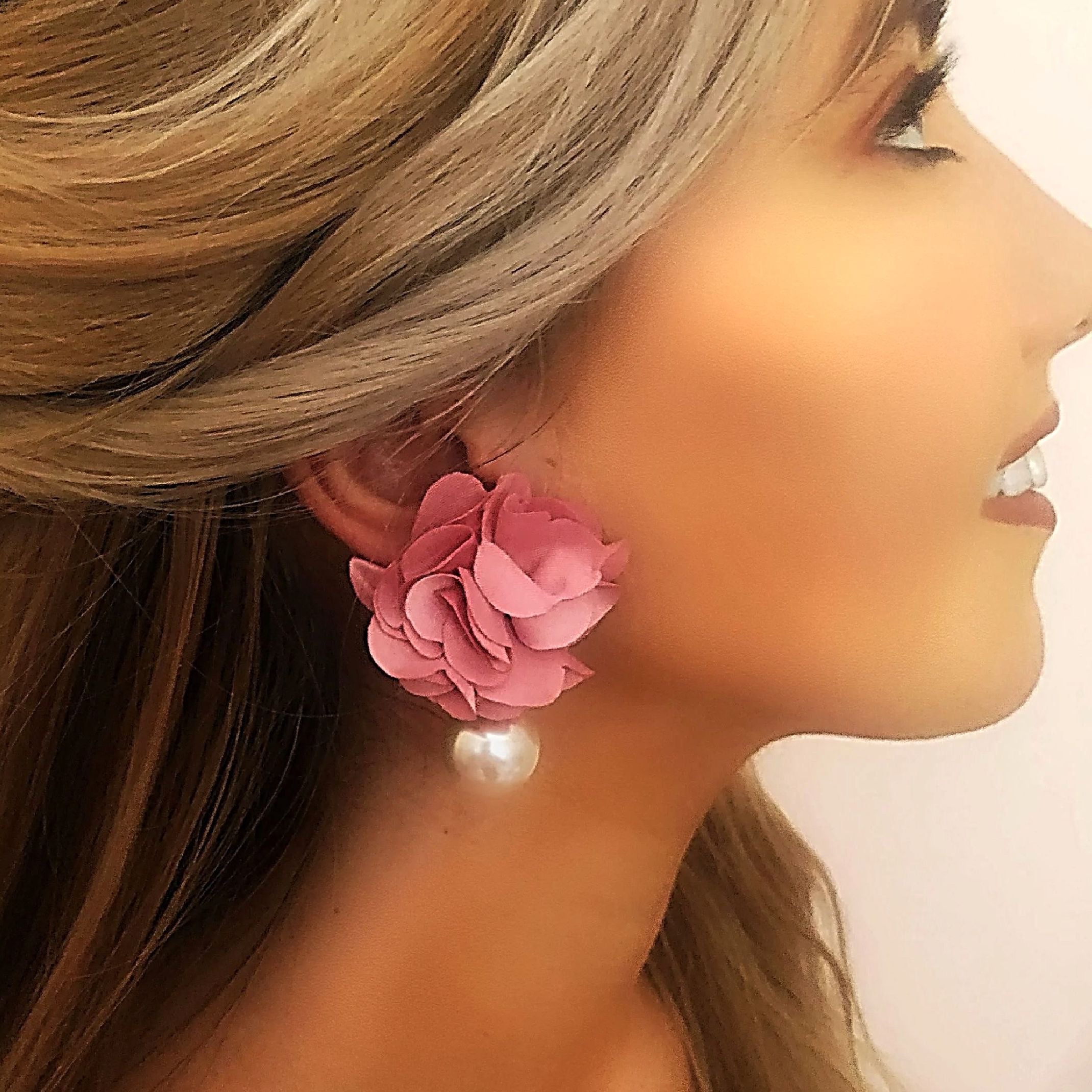 Pink flower pearl drop earrings