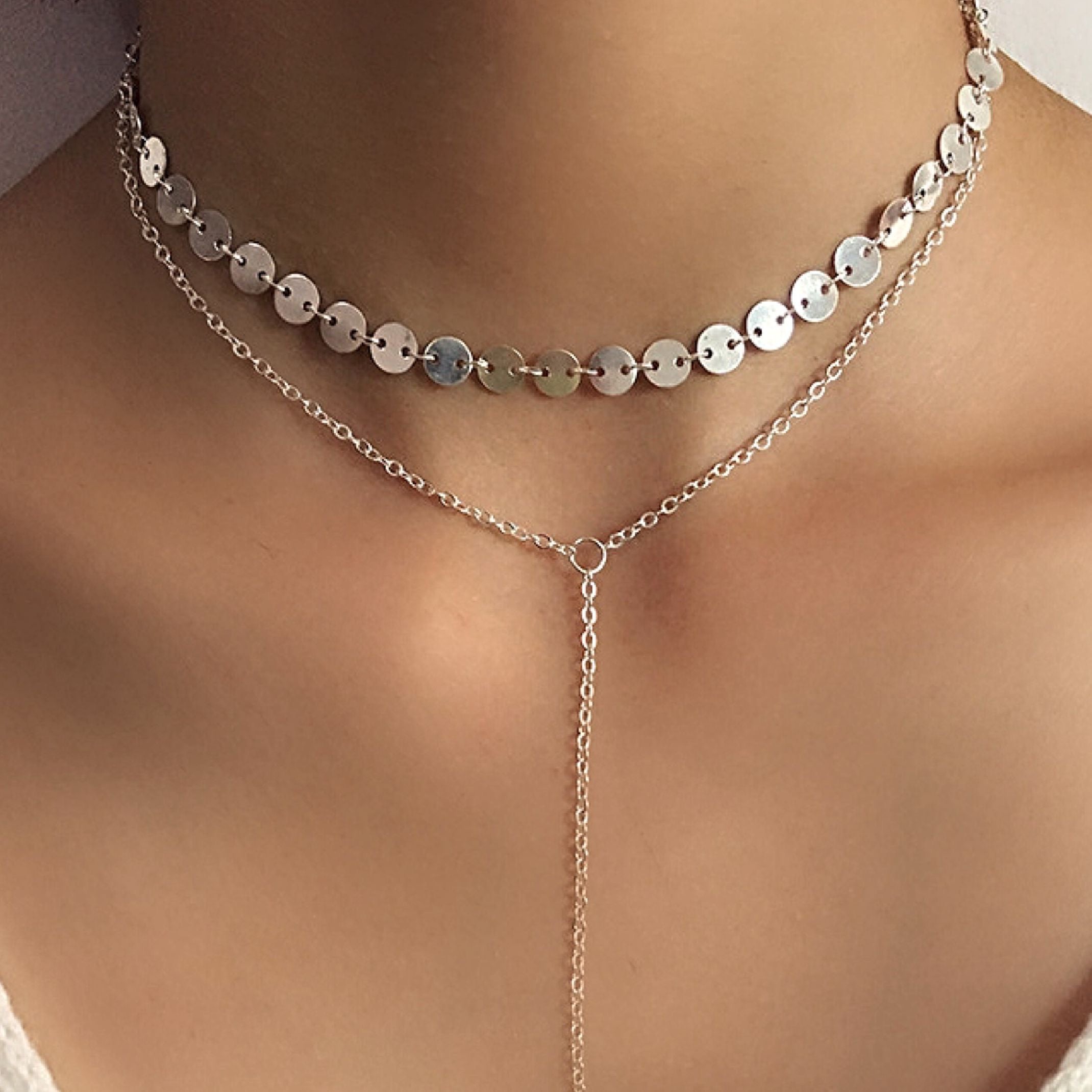 Silver sequin layered necklace 