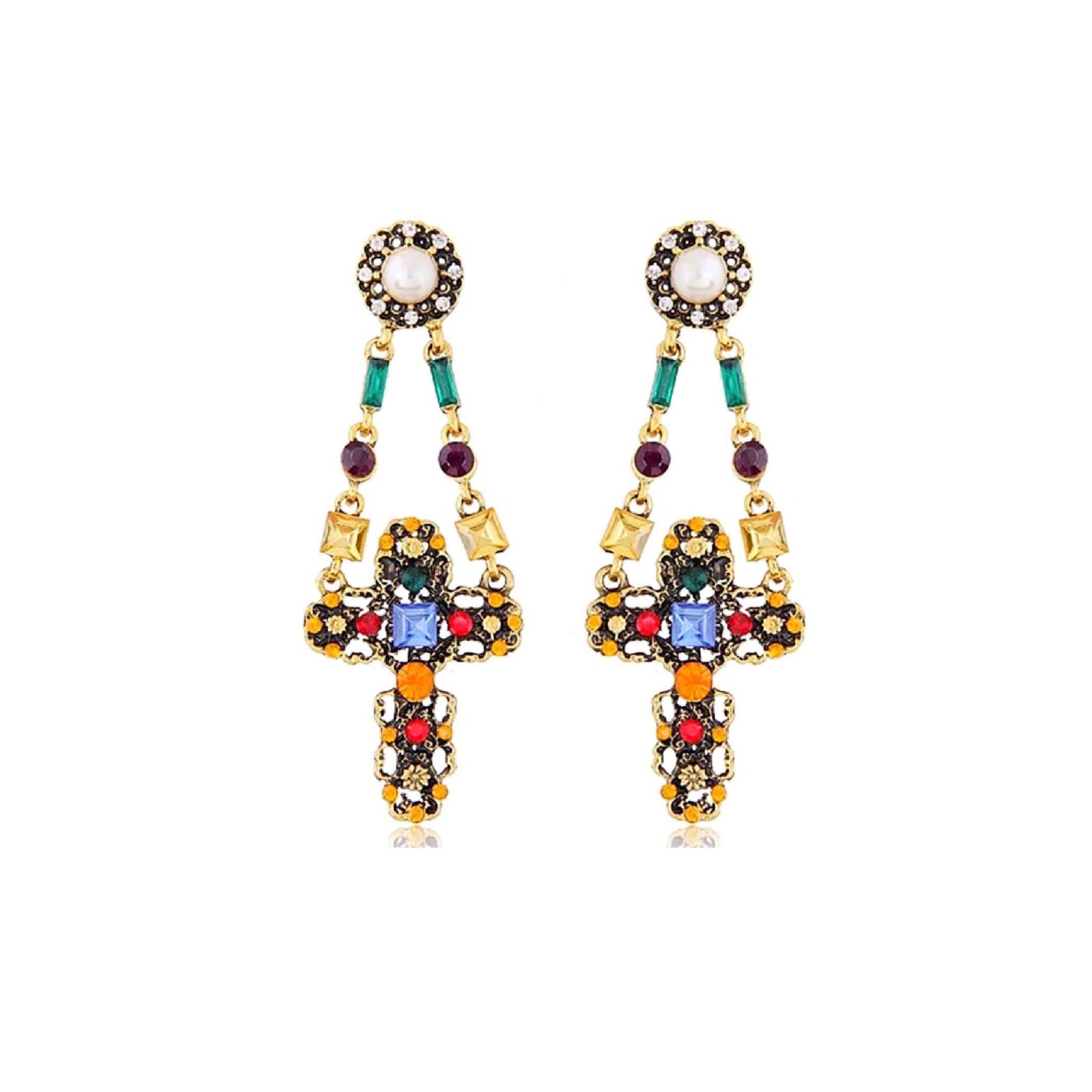 Bright jewel cross earrings