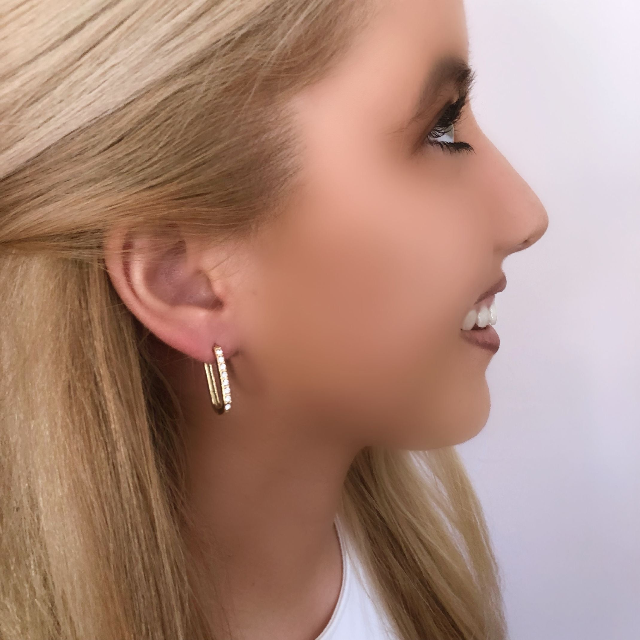 18K gold diamond rectangle hoop earrings 