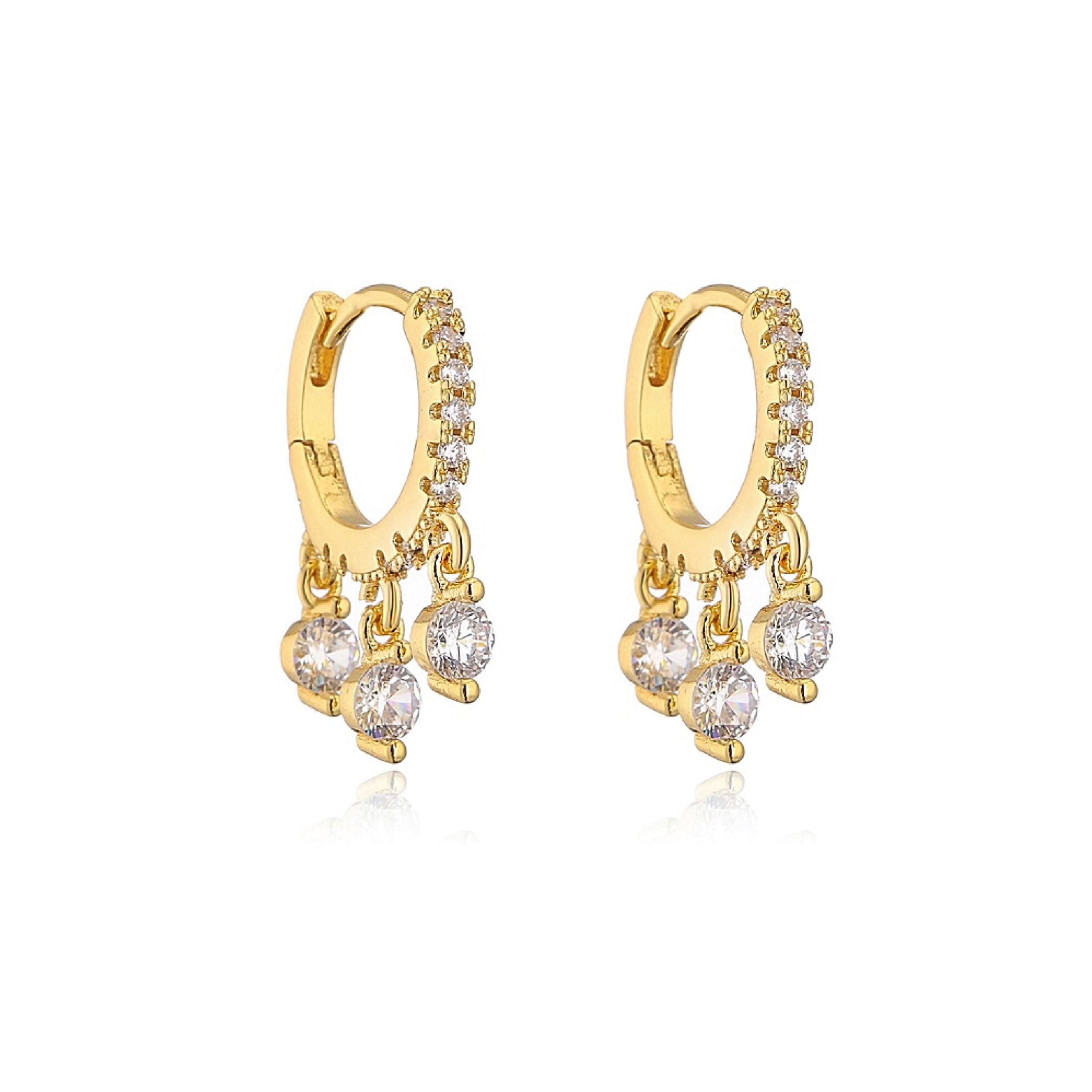 18K gold diamond dangle huggie earrings