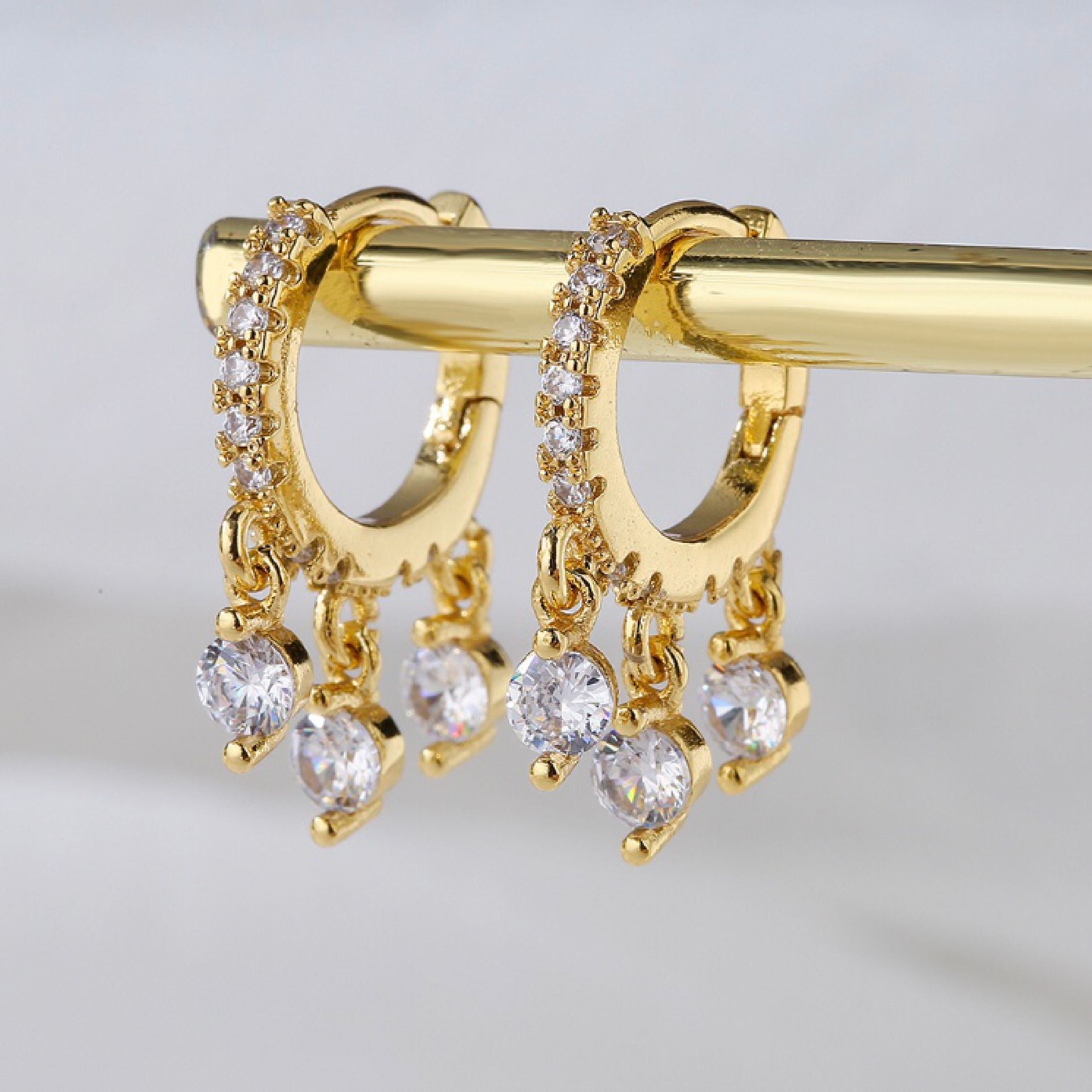 18K gold diamond dangle huggie earrings