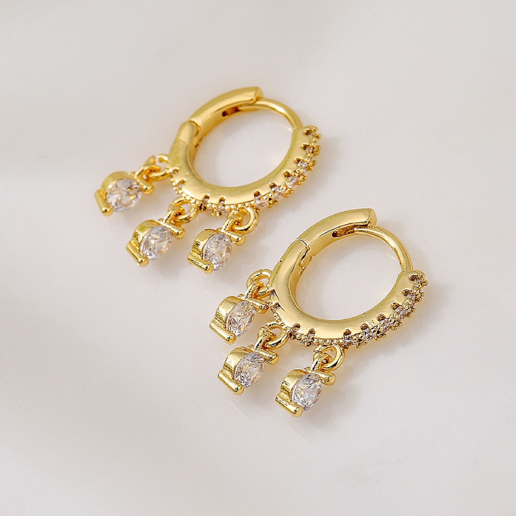 18K gold diamond dangle huggie earrings
