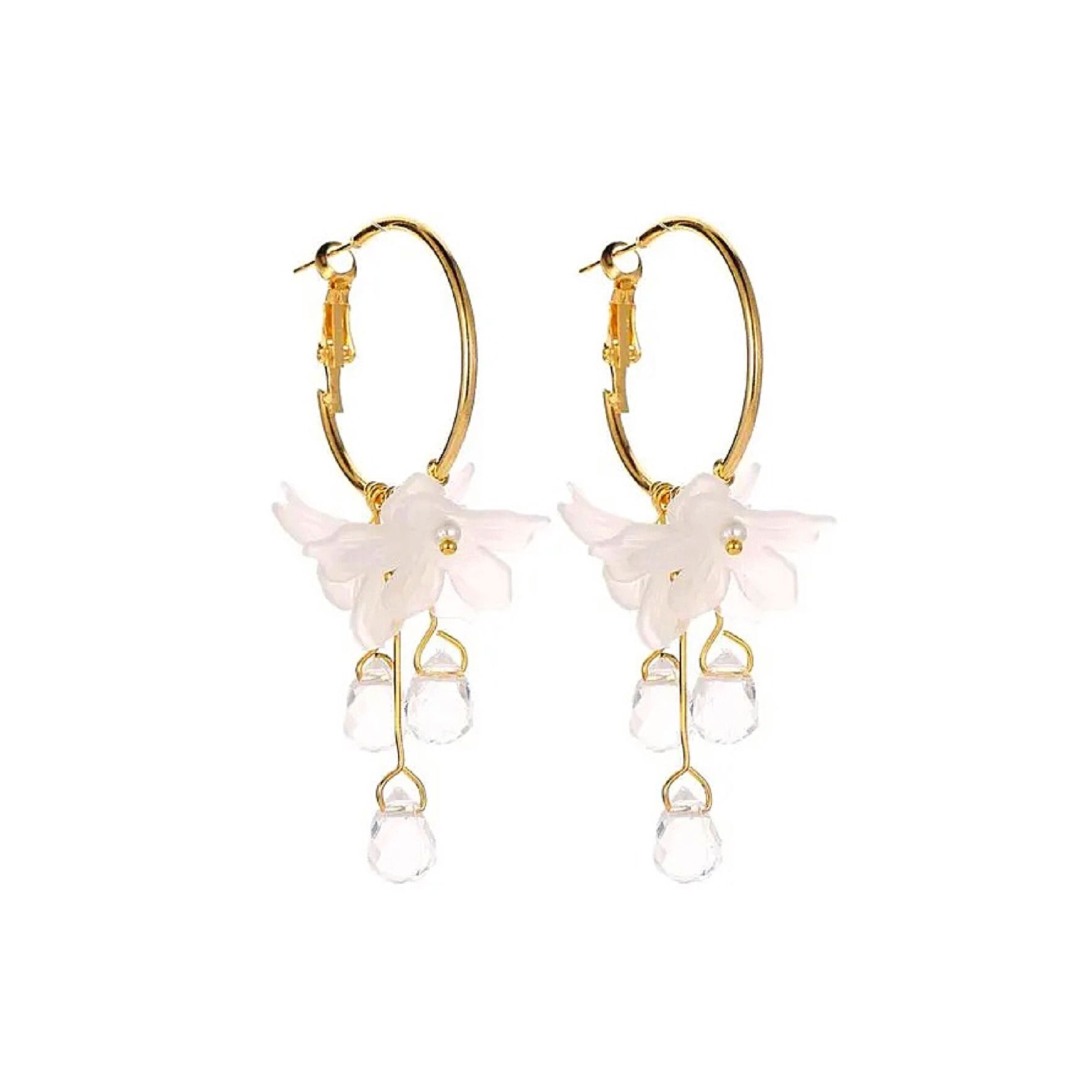 White flower hoop earrings
