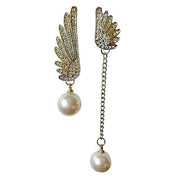 Gold and pearl asymmetric angel wing earrings 