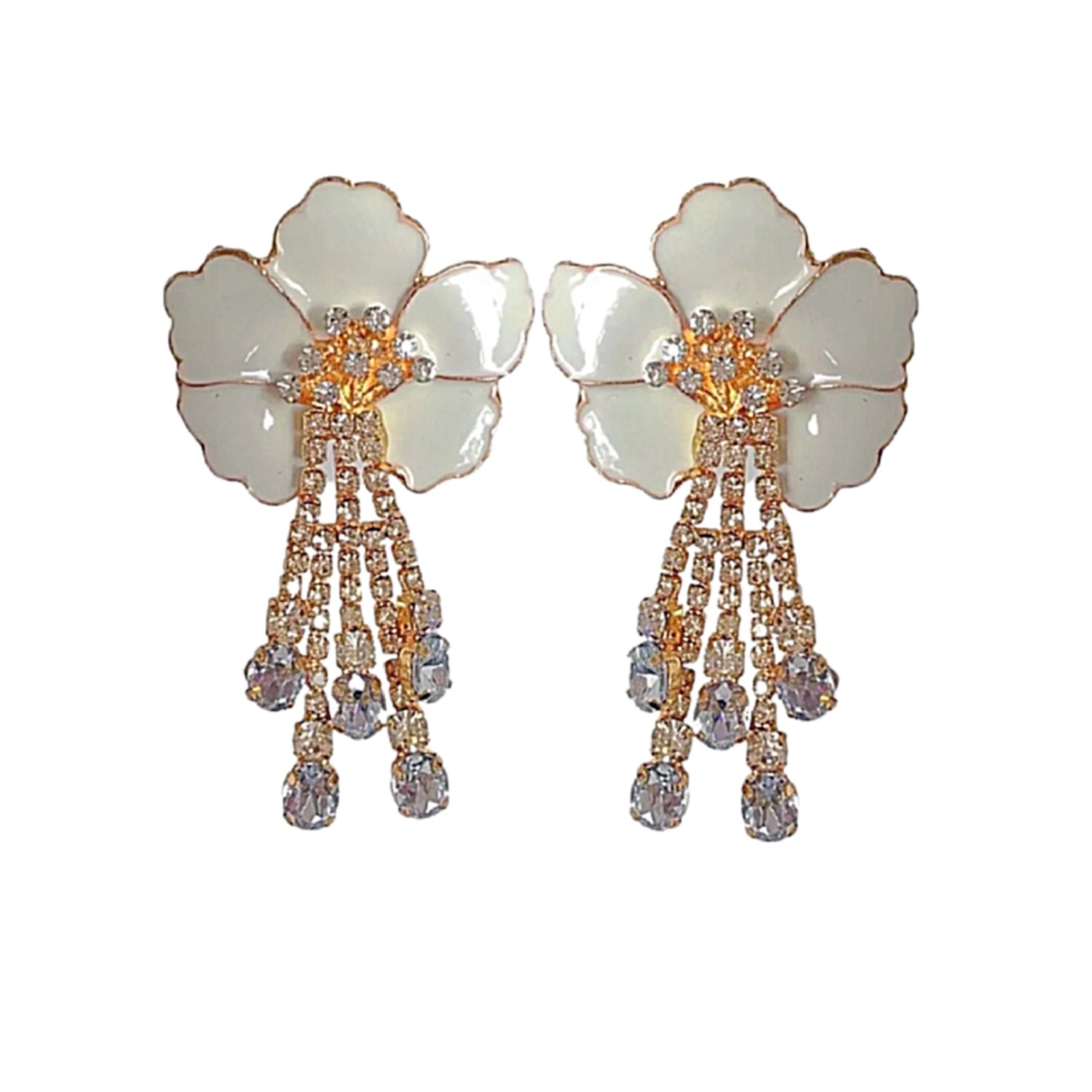 White rhinestone flower earrings 