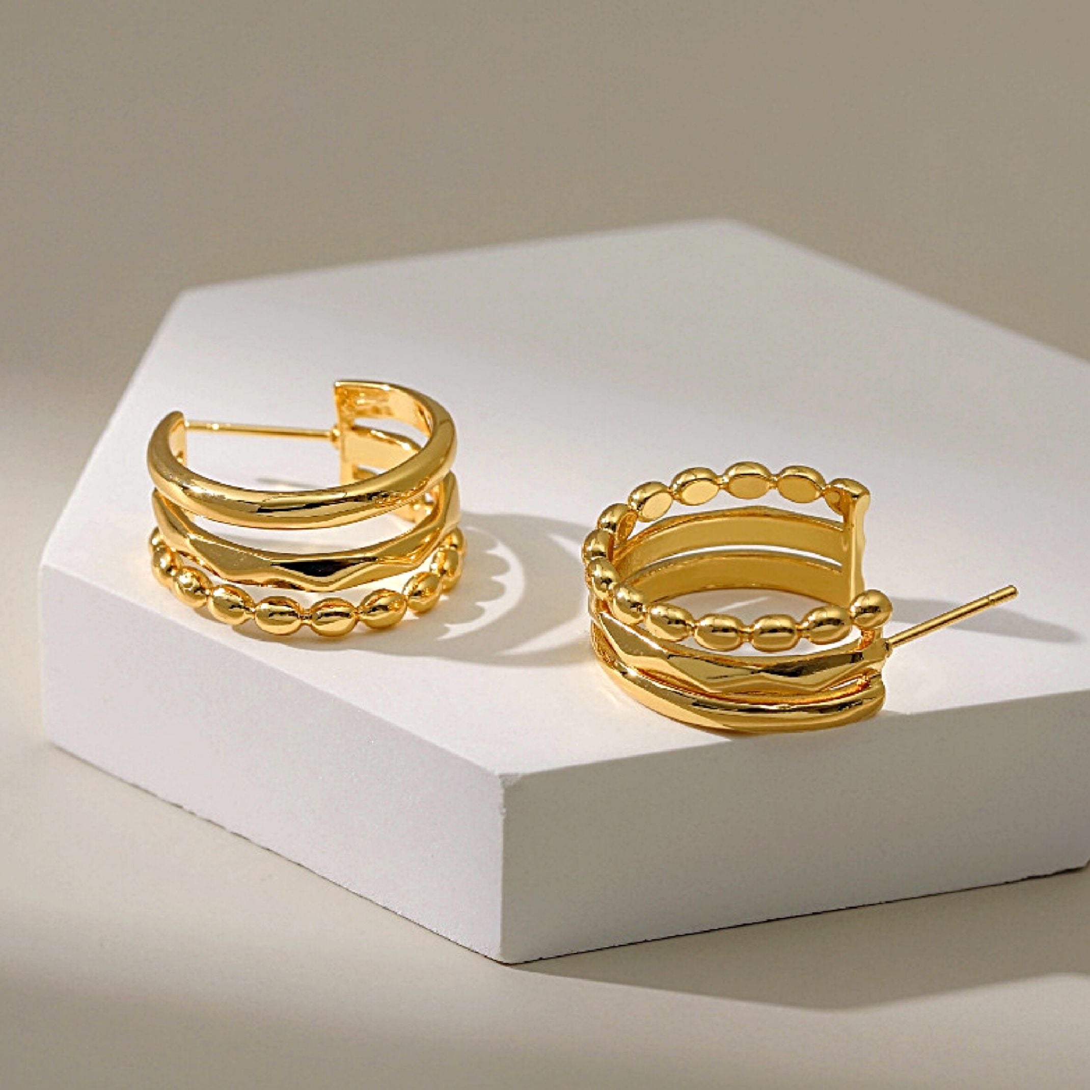 18K Gold Triple Layer Hoops