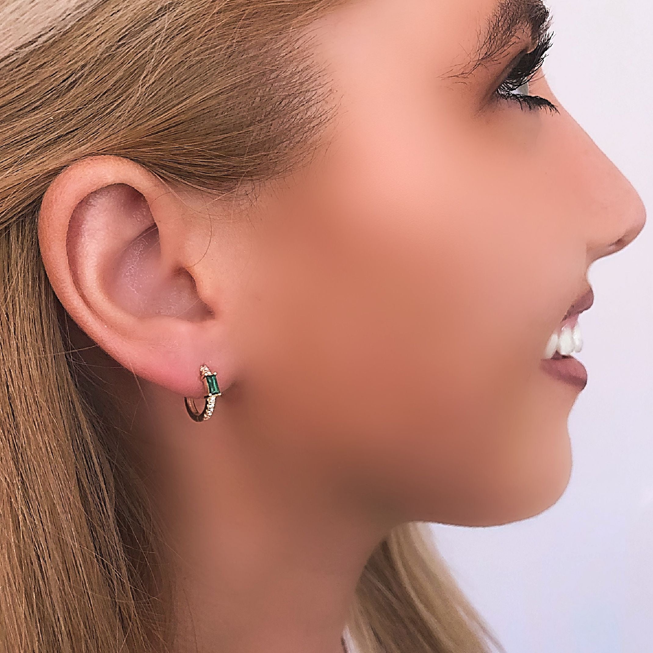 Green jewel huggie earrings 