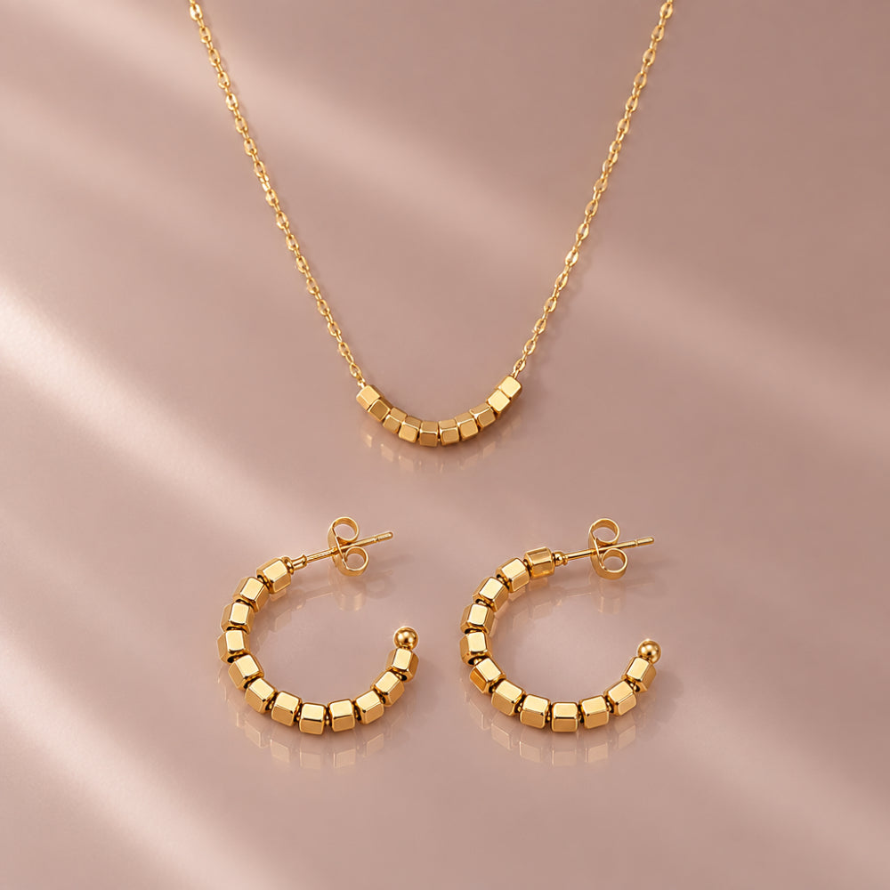 Gold cube necklace with matching cube detail hoop earrings
