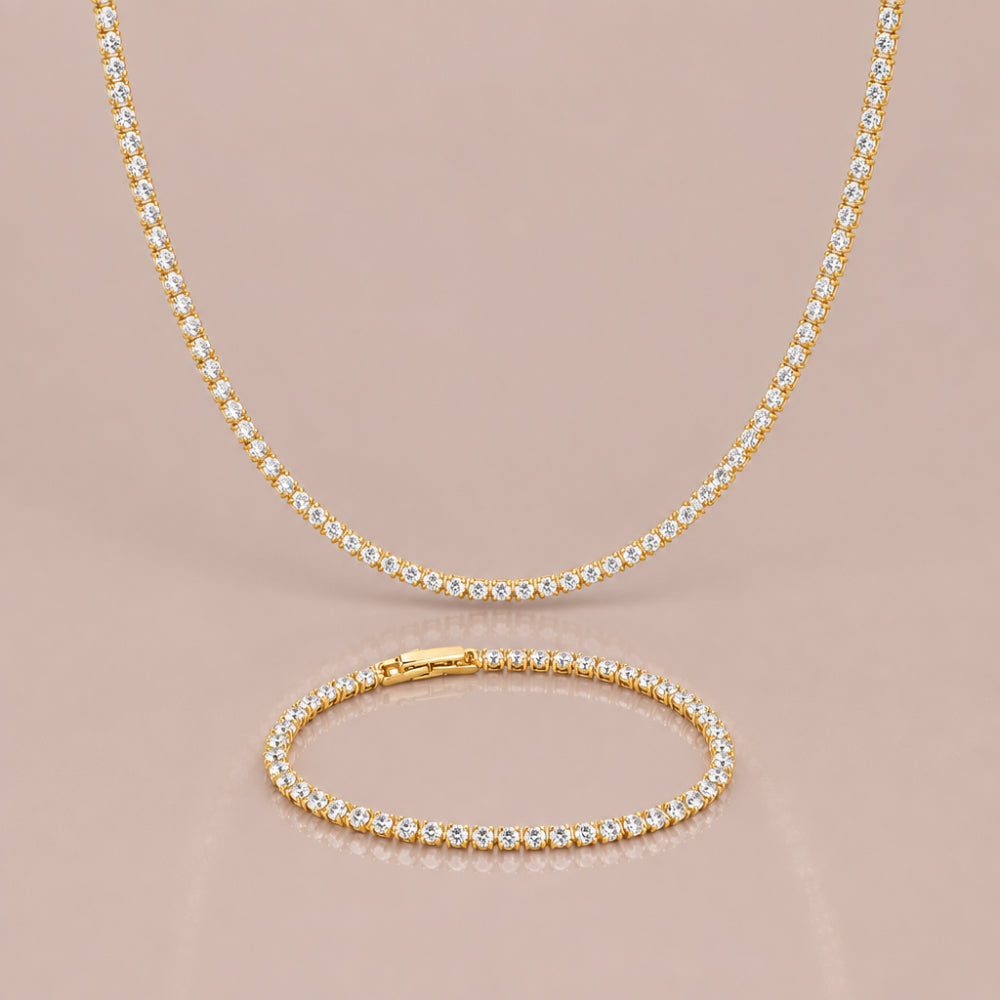 Gold tone dainty tennis necklace and bracelet set with cubic zirconia stones