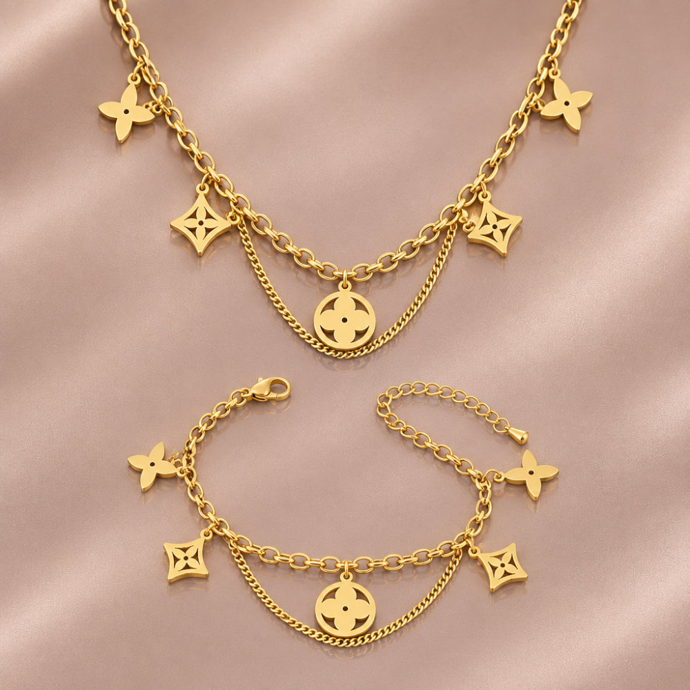 Statement Clover Gold chain necklace and matching bracelet with patterned links 