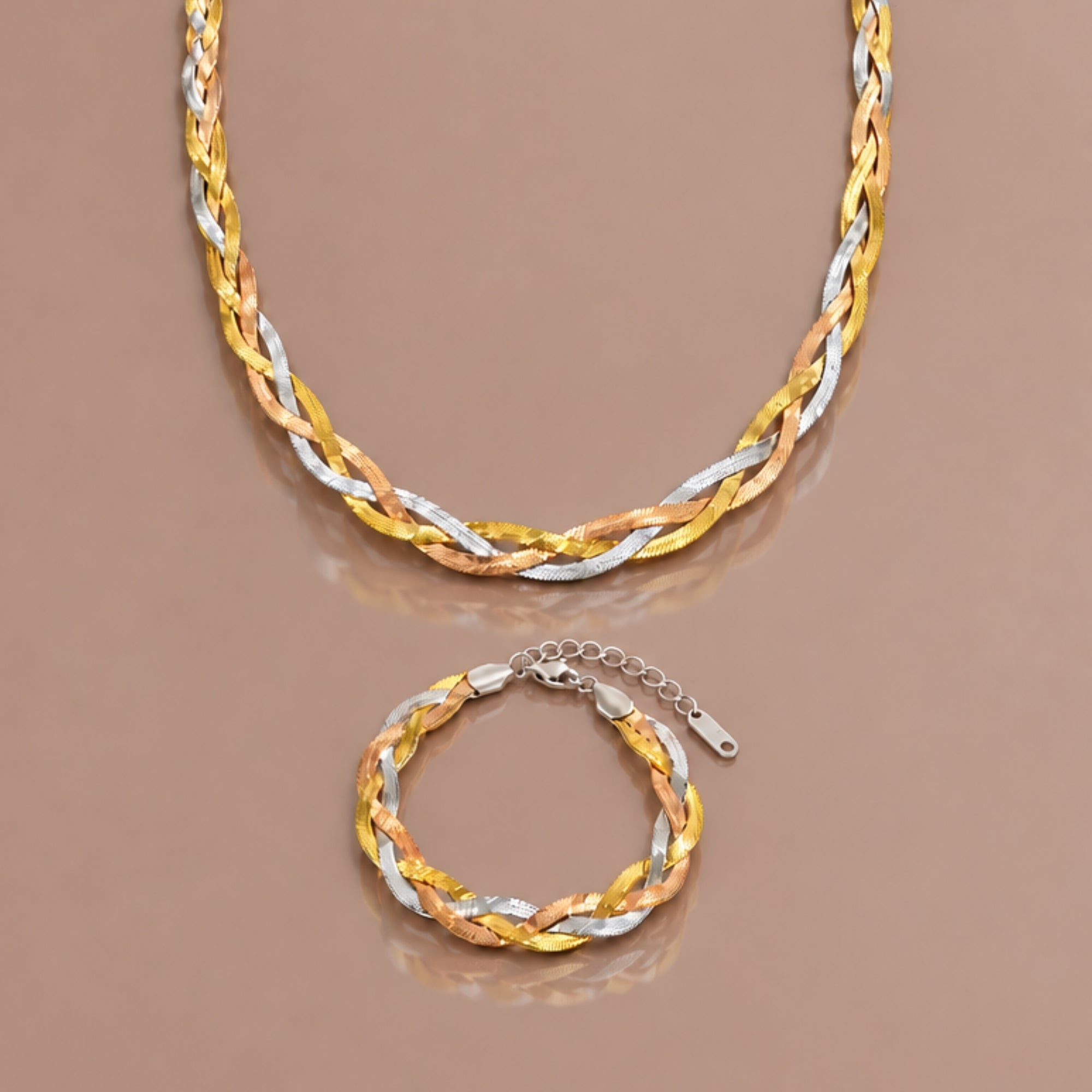 Three tone snakeskin twist necklace and matching bracelet 