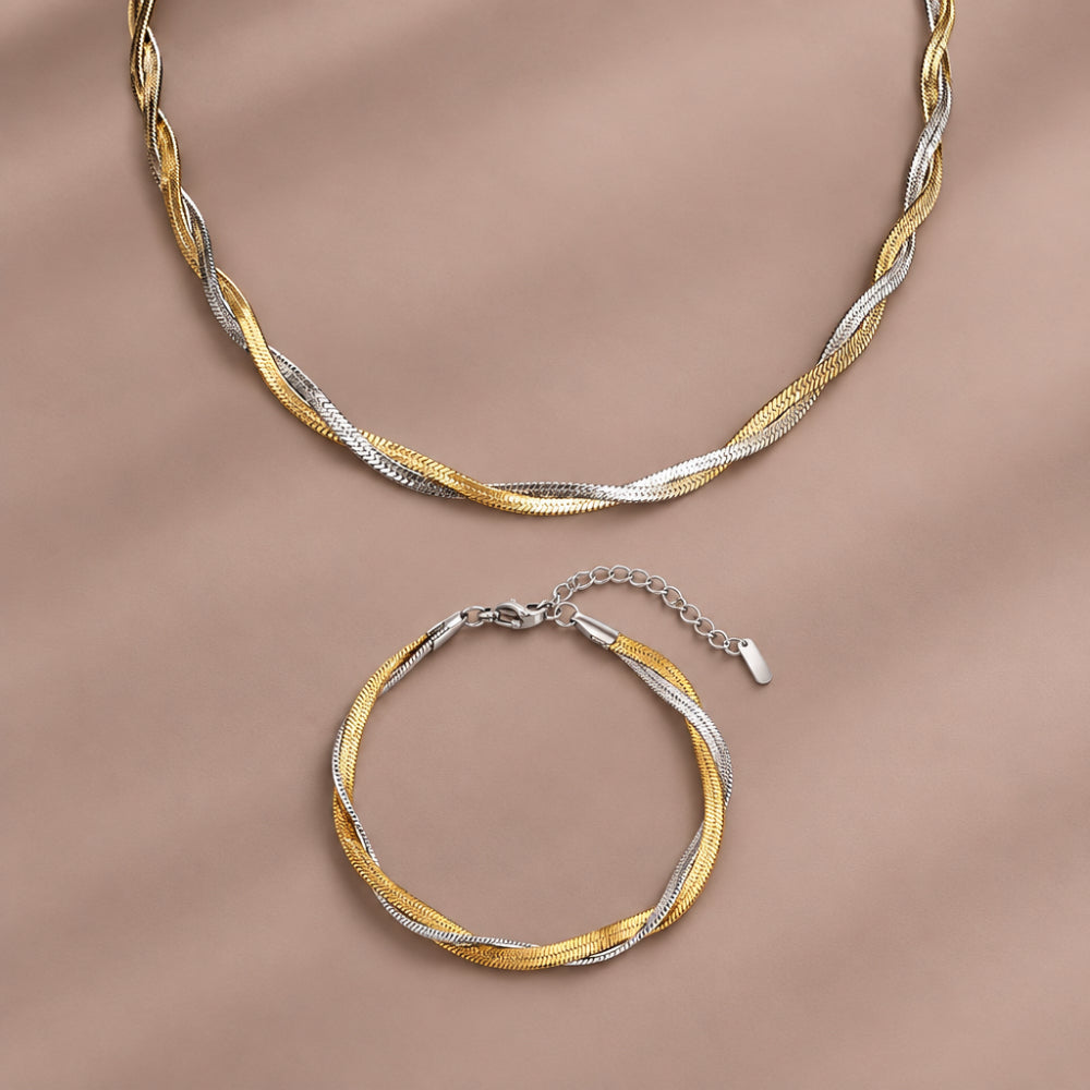 Gold and silver tone twisted snakeskin style necklace and matching bracelet 