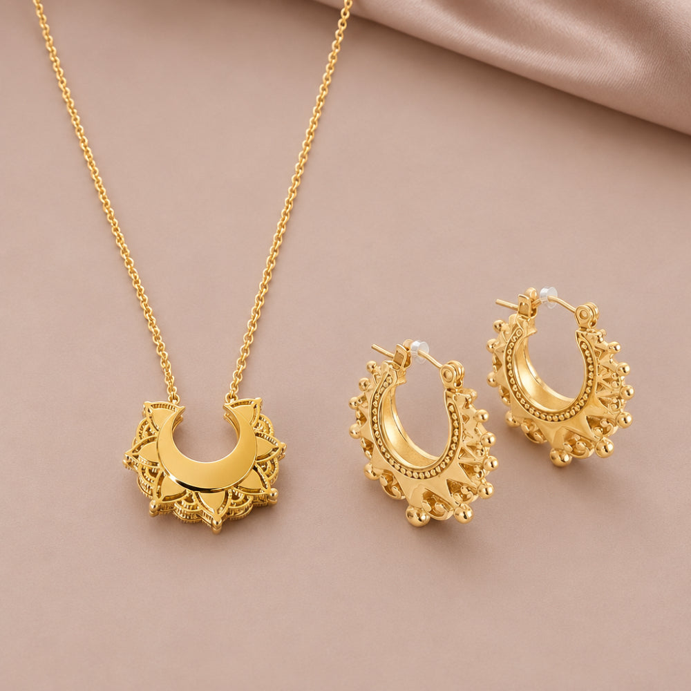 Gold spiked Creole pendant necklace with matching hoop earrings