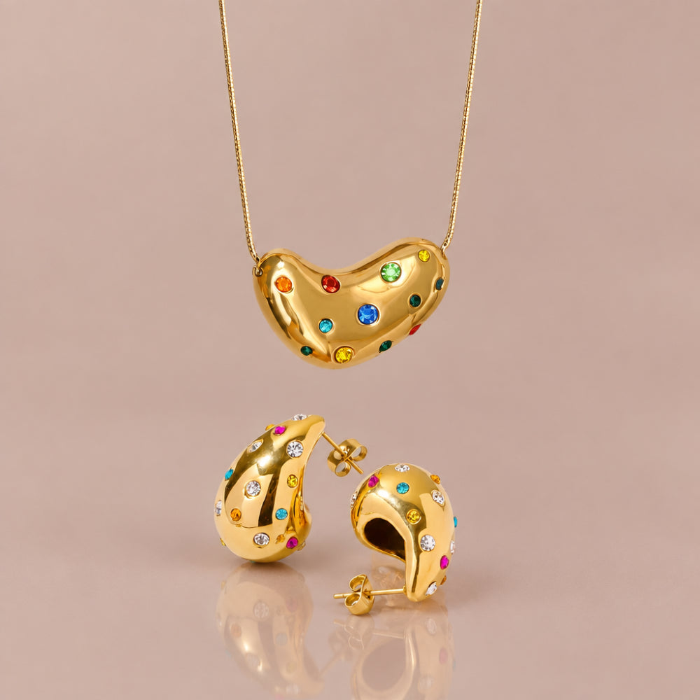 Gold Jewel Dome pendant necklace and curved earrings set with colourful crystals. 