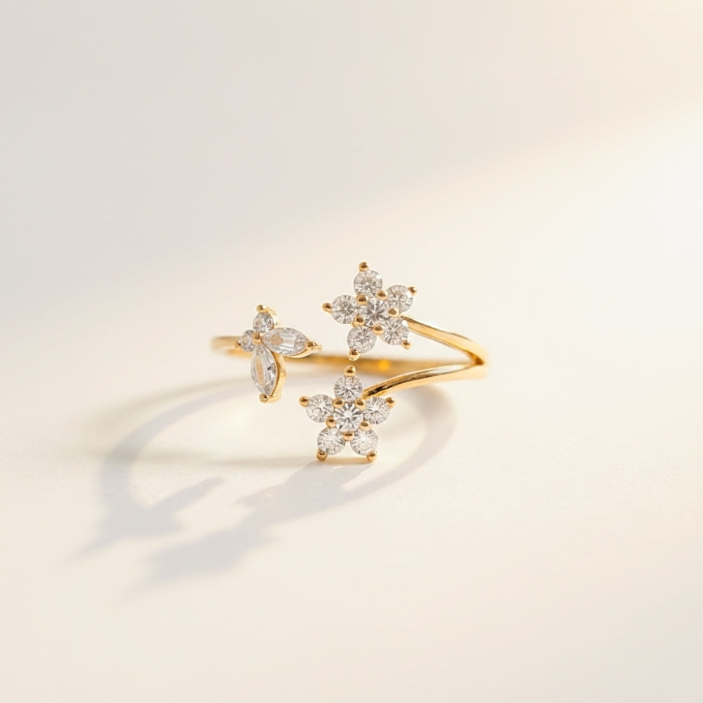 Crystal Flower & Butterfly Open Ring | Gold