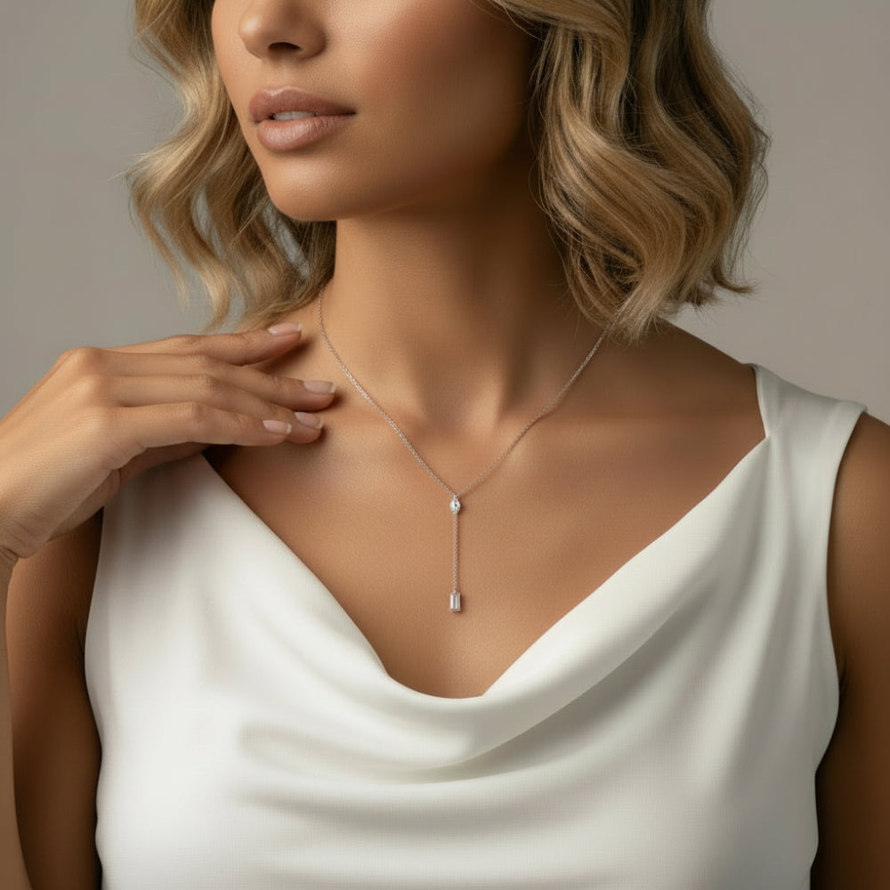 Dainty Crystal Y Necklace – Silver