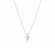 A delicate silver chain necklace featuring a marquise-cut diamond pendant, shown against a solid white background.