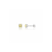 A pair of yellow diamond stud earrings in silver settings, shown from the front and side on a reflective white background.