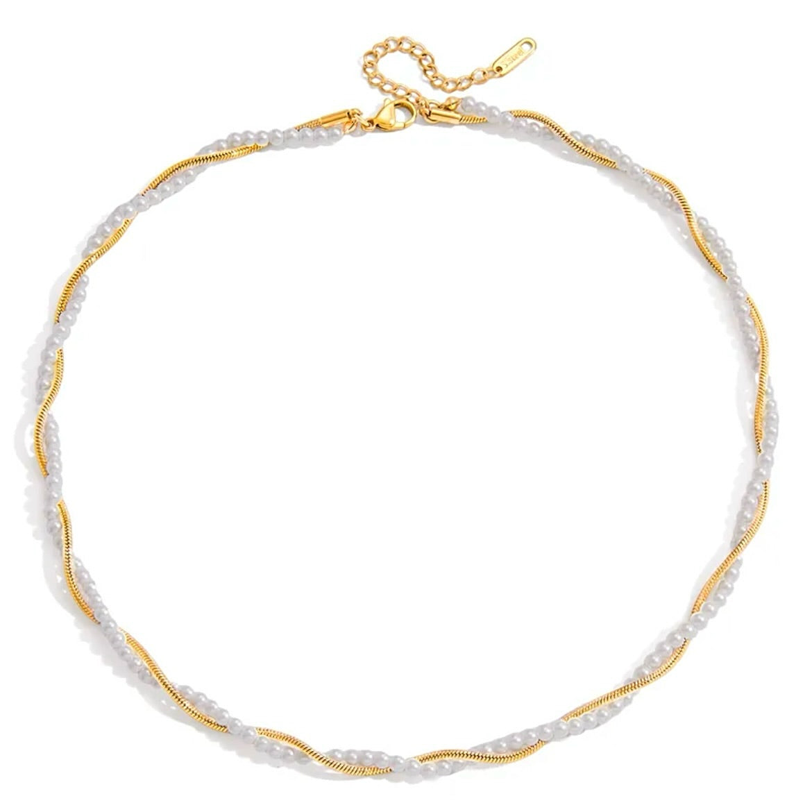 Necklace with white beads and gold chain on a white background