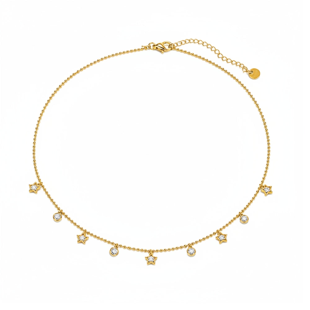 A delicate gold chain choker necklace featuring seven small dangling star charms and three clear crystal accents, displayed on a clean white background.