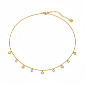A delicate gold chain choker necklace featuring seven small dangling star charms and three clear crystal accents, displayed on a clean white background.
