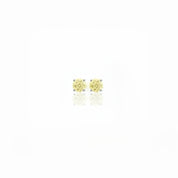 A pair of silver stud earrings with round-cut yellow gemstones, displayed on a clean white background with a soft reflection below.