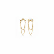 A pair of gold dangle earrings featuring three star-shaped studs connected by delicate chains, shown on a plain white background.