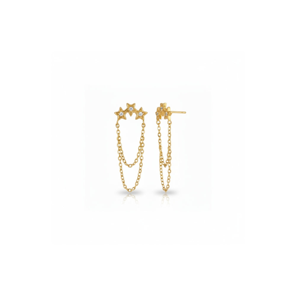 A pair of gold dangle earrings with star-shaped tops and layered chain drops, shown on a plain white background.