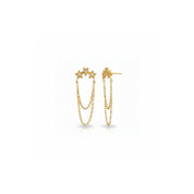 A pair of gold dangle earrings with star-shaped tops and layered chain drops, shown on a plain white background.