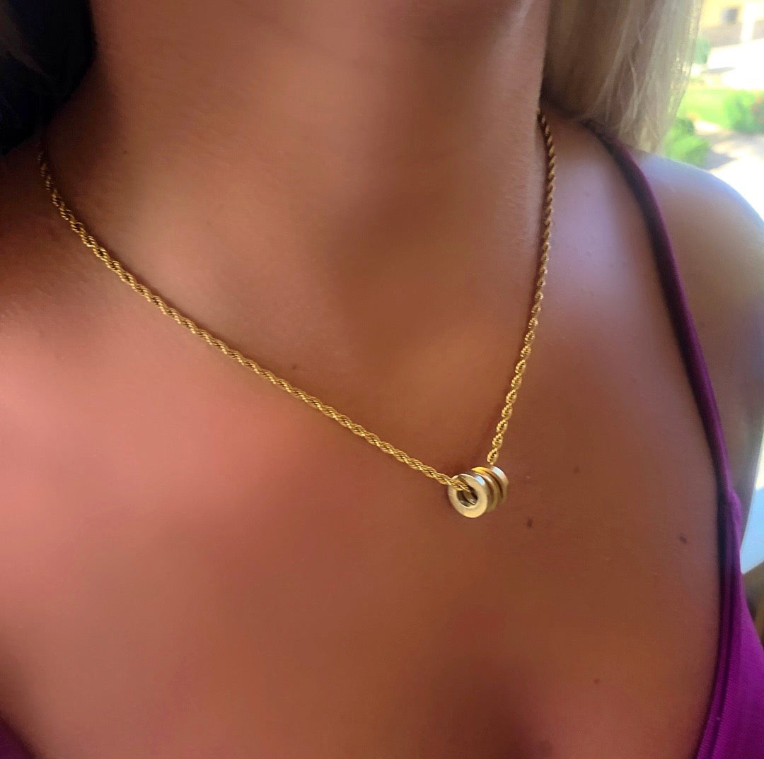 18K Gold Triple Ring Twist Necklace