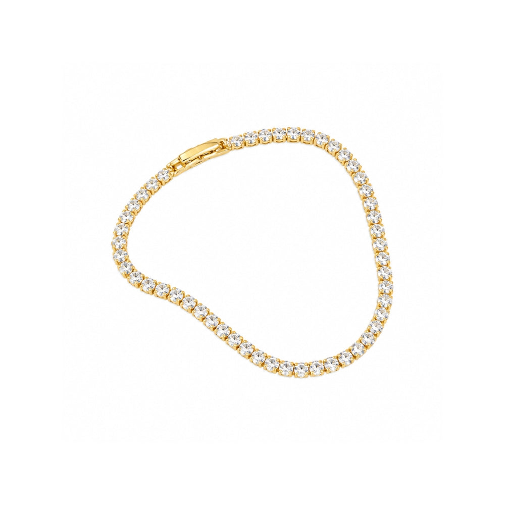 A yellow gold tennis bracelet paved with small clear stones, displayed on a clean white background.