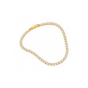 A yellow gold tennis bracelet paved with small clear stones, displayed on a clean white background.
