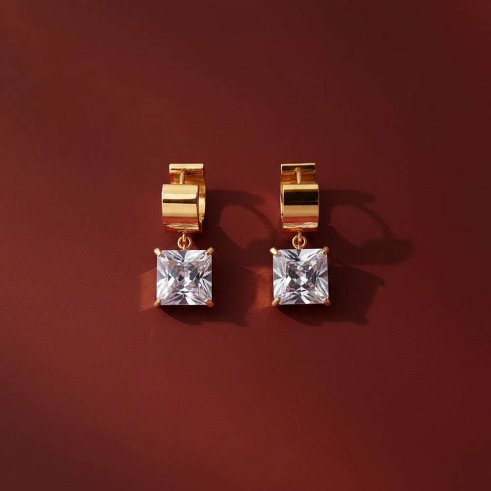 Square Crystal Huggie Drop Earrings – Gold