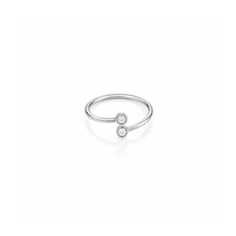 Dainty silver open ring with 2 round crystals 